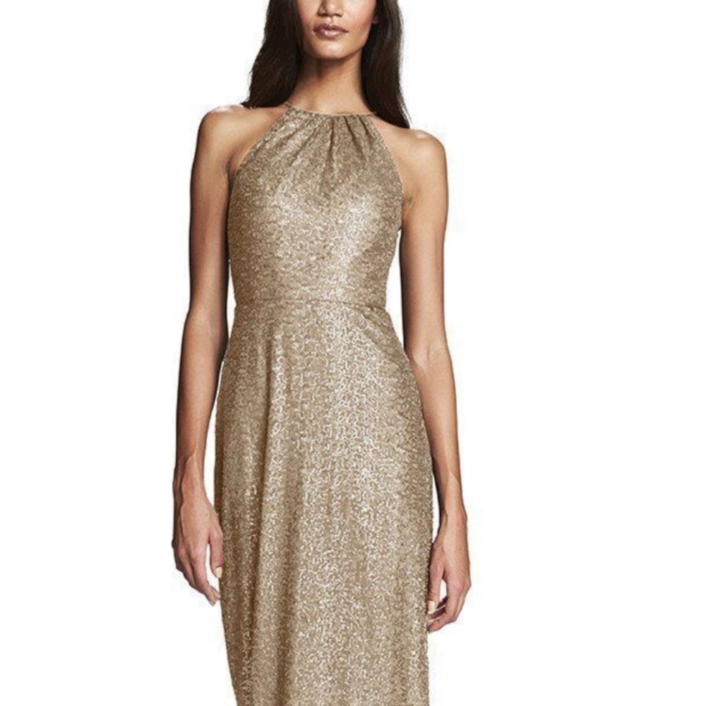 Amsale Gold Ruched One Shoulder Gown